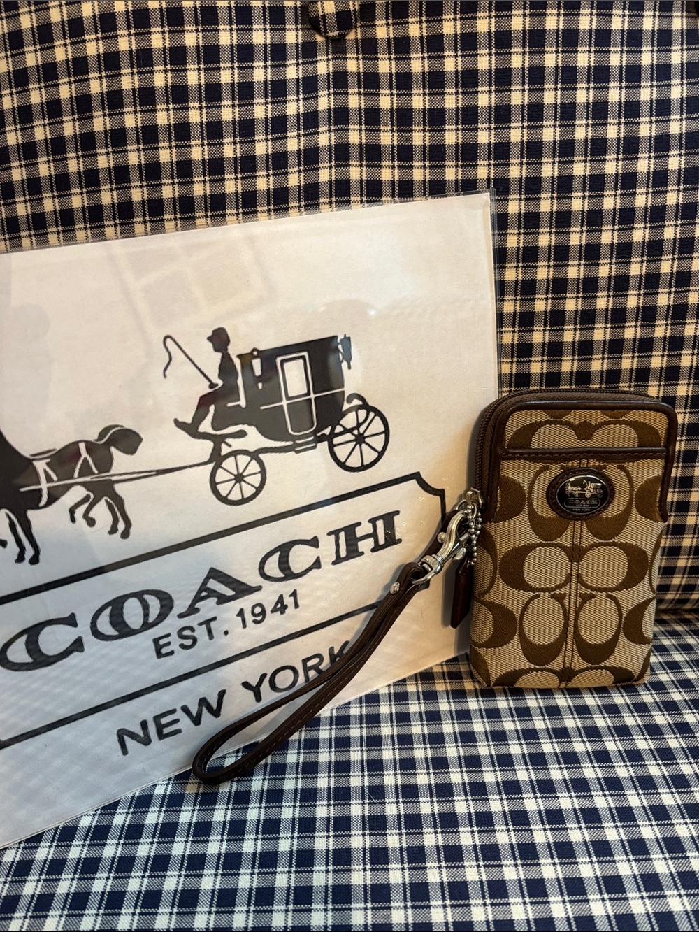 Coach Brown Khaki Signature phone wallet Wristlet with Leather Trim